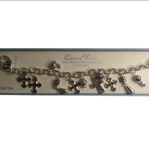 Chrome Works‎ Charm Bracelet and Earring Set – Silver Tone Cross Design NIB